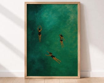 Emerald Green Abstract Art Print: Three Girls Swimming, Minimalist Wall Decor