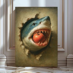 Decorazione murale con squalo e mela in illusione 3D, meme art di Big Fish rivisitato in stile rinascimentale su carta opaca di alta qualità, poster di squalo