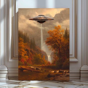 UFO Rustikale Herbstlandschaft Lustig Veränderter Kunstdruck Wandkunst Eklektischer Druck Alien Entführung Kunstdrucke Veränderte Wandkunst Vintage Herbst Poster