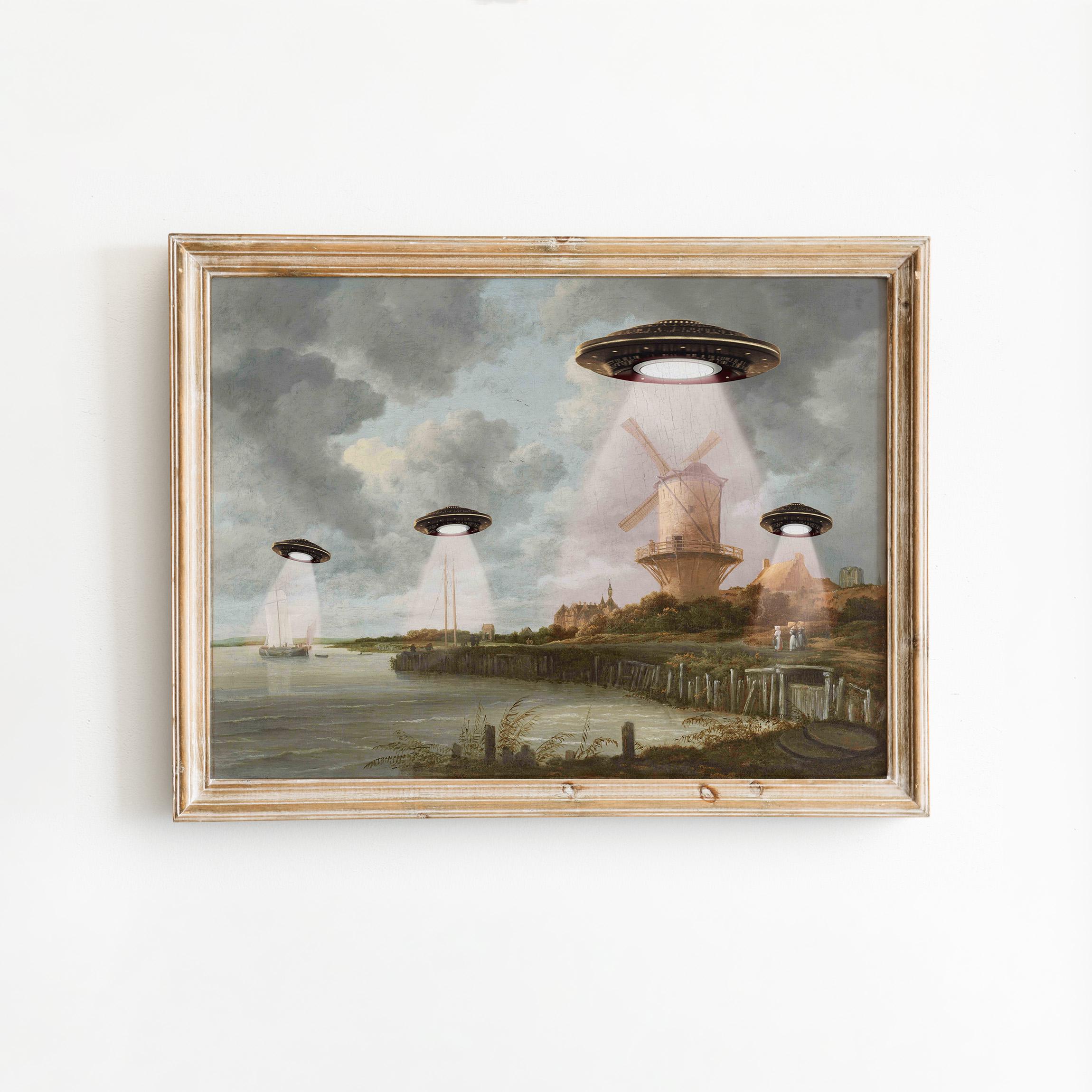Funny UFO Abduction Print, Victorian Landscape Altered Art