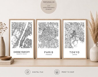Custom City Map Art Print, Minimalist Modern Maps, Personalized Location, Your Choice City Set