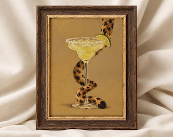 Wall Art Margarita and Leopard Print: Conversation Piece Artwork, Drink Funny Poster, Gift for Housewarming, Cocktail Cart Decor