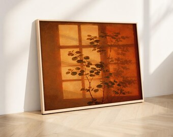 Sunset Window Shadow Botanical Wall Art Print, Minimalist Warm Terracotta Decor, Abstract Nature Poster