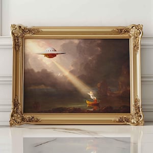 Altered Vintage Landscape Print, Alien Abduction, Aliens, Spaceship, Funny Vintage, Aliens in Landscape, Ufo Art, Ufo, Alien Print