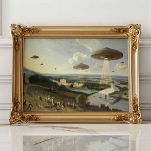 Alien Abduction Victorian Landscape Funny Altered Art Print UFO Wall Art Eclectic Print UFO Art Print Altered Wall Art Vintage Poster Prints