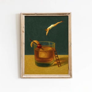 Old Fashioned Cocktail Art Print, Surreal Diver Whiskey Poster, Unique Wall Decor for Home