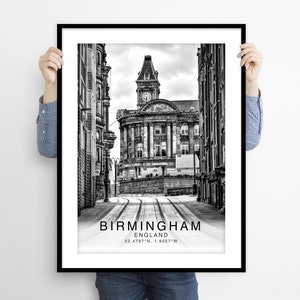Póster de viaje de Birmingham, Impresión de viaje de Birmingham, Póster en blanco y negro de Birmingham, Arte mural de Birmingham, Impresión artística de Birmingham, Póster del Reino Unido