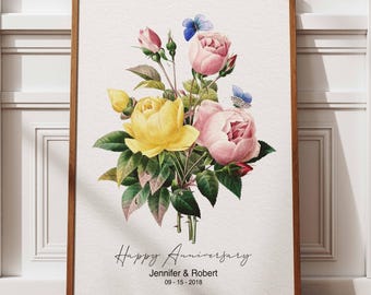 Personalized Birth Flower Bouquet Print, Custom Family Name Art