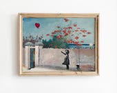 Red Balloon Girl Altered Art Painting: Funny Art History Decor