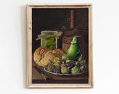 Pickle Altered Art Print, Vintage Oil Painting Poster, Quirky Kitchen Thrifted Wall Decor