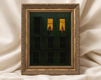 Modern City Night Art Print – Romantic Window Scene, Moody Wall Decor Poster