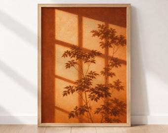 Sunset Window Shadow Botanical Wall Art Print, Golden Hour Cozy Painting, Warm Terracotta Poster