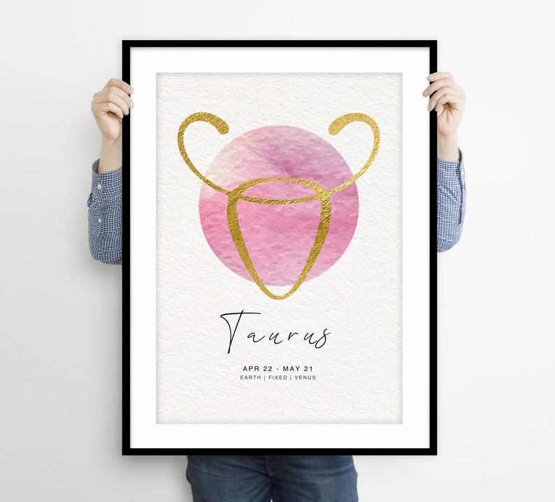 Taurus Cursive Taurus Zodiac Sign Poster: Gold Symbol, Pink Watercolor (digital ...