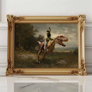Arte de dinossauro cowboy, arte alterada engraçada, gravuras de pinturas famosas, arte de parede vintage, impressão de pôster de paisagem alterada, decoração de arte jurássica ocidental