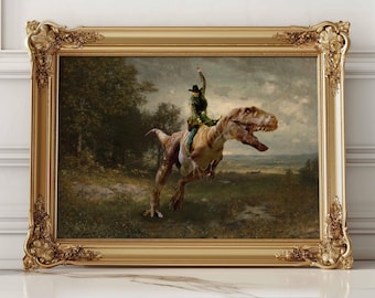 Dinosaur Cowboy Art, Funny Altered Art, Famous Painting Prints, Vintage Wall Art, Altered Landscape Poster Print, Western Jurassic Art Decor