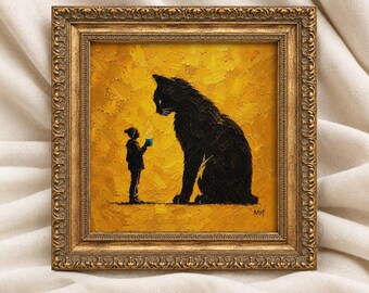 Funny Cat Wall Art, Black Cat Painting, Whimsical Animal Artwork, Golden Yellow Statement Decor