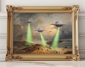 Victorian Landscape Painting Funny Altered Art Print UFO Printable Wall Art Eclectic Print Alien Abduction Ufo Art Prints Posters Altered