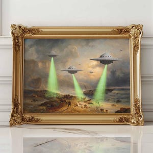 Stampa artistica alterata divertente di un dipinto di paesaggio vittoriano, stampa artistica UFO, stampa eclettica di un rapimento alieno, stampe artistiche UFO, poster alterati