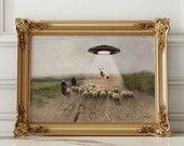 UFO Art, Sheep Wall Art Alien Abduction, Vintage Sheep Art, Funny Altered Print, Printable Art, Eclectic Print, Alien Art, Altered Wall Art