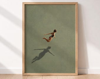 Wall Art Swimming Woman, Surreal Pool Artwork, Sage Green Print, Feminine Minimalist Summer Decor