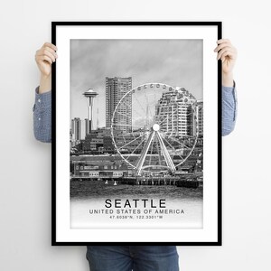 Seattle print zwart-wit centrum, kunst aan de muur Seattle, poster van Seattle, foto van Seattle, decor van Seattle, Washington, VS, Verenigde Staten