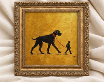 Wall Decor Gold Abstract Painting, Textured Funny Dog Walker Print, Modern Minimalist Golden Poster