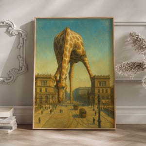 Quadro murale con giraffa surreale, dipinto astratto di animali, arredamento moderno stile safari, stampa giungla stravagante, opera d'arte eccentrica e audace raffigurante la fauna selvatica.