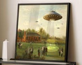 Vintage UFO Art Print: Sci-Fi Alien Oil Painting (Square Wall Art)
