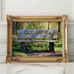 Personalized Art Print, Romantic Bench with Carved Names and Date, Printable Art, Custom Names Sign, Photography Art, Prints, Wall Art Decor