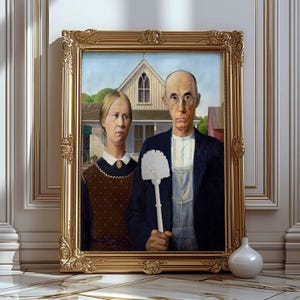 Divertente stampa parodia gotica americana - Decorazione per la casa eccentrica, arte stravagante, arte murale alterata per il bagno, stampa murale per il water, decorazione murale per il bagno