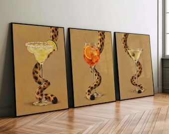 Set of 3 Prints - Leopard & Cocktail Wall Art, Quirky Kitchen Posters, Bar Cart Decor Bundle