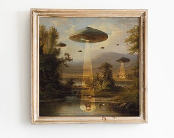 Lámina artística victoriana sobre abducciones OVNI: Divertidos extraterrestres que modifican la decoración de pared.