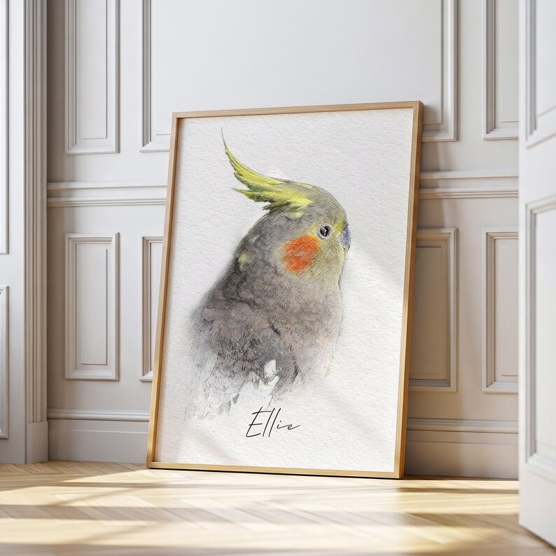 May include: A framed watercolor print of a cockatiel with grey feathers, a yellow crest, and orange cheek patches. The bird is depicted in profile facing right. The name Ellie is written in black cursive script at the bottom of the white paper.