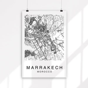 Impression de carte de Marrakech, plan de la ville noir et blanc minimaliste, art mural Maroc, téléchargement numérique, décoration de voyage moderne, affiche imprimable