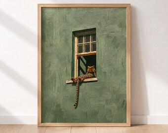 Leopard Reading in Window Print, Vintage Sage Green Reading Nook Wall Art, Minimalist Book Lover Decor, Slow Living Gift