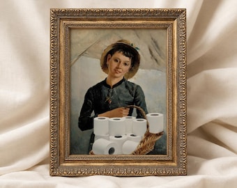 May include: A framed painting in an ornate gold frame depicting a person wearing a straw hat and a dark long-sleeved shirt, holding a woven basket filled with several white toilet paper rolls against a light-colored background.