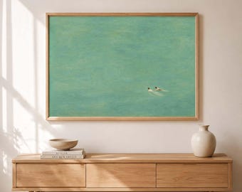 Green Abstract Swimmers Art Print: Minimalist Modern Decor Horizontal Wall Art