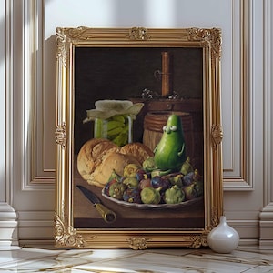 Pickle Art, Thrift Store Upcycle Art, Vintage Oil Painting Printed Poster, Funny Altered Art, Quirky Kitchen Wall Art, Altered Still Life