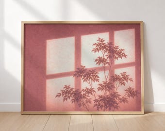 Botanical Shadow Wall Art, Soft Window Light Painting, Abstract Plant Silhouette, Muted Pink Decor