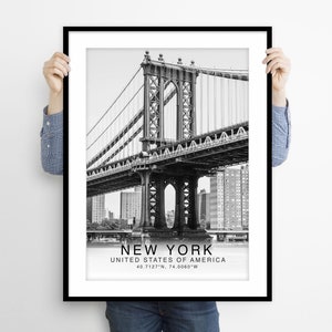 New York Travel Poster, New York Poster, New York Wall Art Decor, New York Black White Coordinates, New York United States Wall Art Print