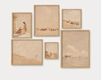 Soft Beige Christian Wall Art Set, Minimalist Jesus Prints, Pastoral Abstract Landscape for Church Decor