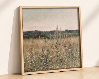 Wildflower Field Landscape Oil Painting Print: Vintage Country Wall Art
