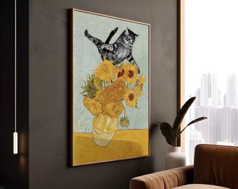 おもしろ猫アートプリント：ゴッホのひまわり静物画ポスター - Etsy 日本