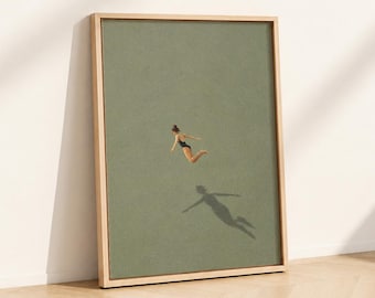 Woman Swimming Wall Art, Surreal Pool Print, Green Minimalist Artwork, Vintage Summer Feminine Decor