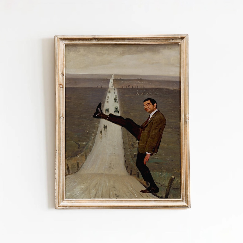 May include: A framed wall art print featuring a painting of a long, straight road stretching into the horizon. A man in a brown tweed blazer and dark trousers is superimposed in the foreground, standing on one leg with the other raised high.