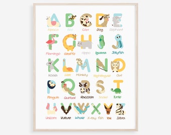 Alphabet Print, Animal Alphabet Print, Nursery Decor, Nursery Wall Art, Kids Room Decor, Alphabet Art Print, Alphabet Letter Print