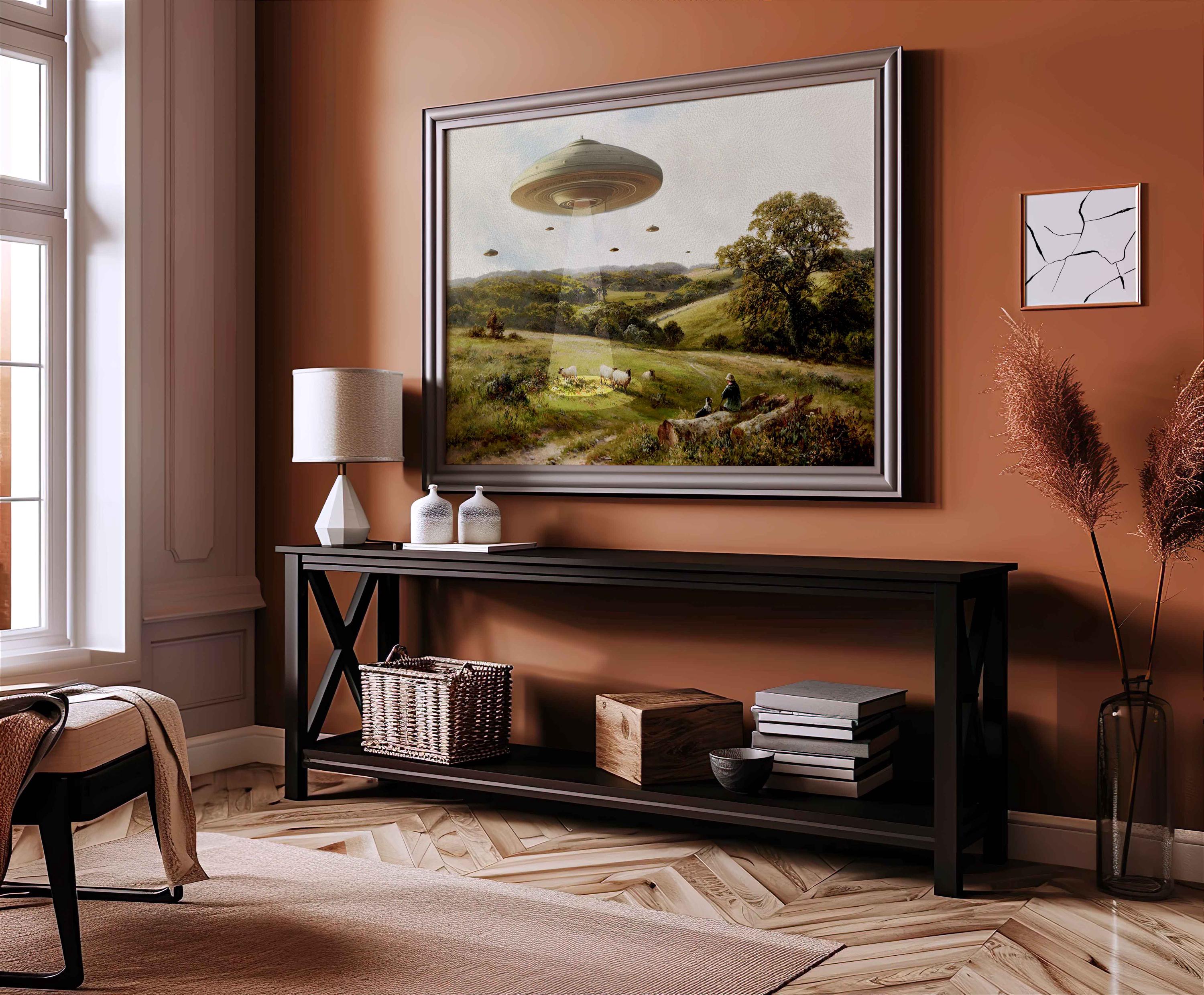 UFO Abducting Sheep Art Print, Funny Alien Farm, Altered Thrift