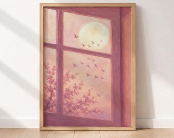 Cherry Blossom Wall Art, Pink Moon Print, Dreamy Bedroom Decor, Minimalist Nature Landscape Artwork