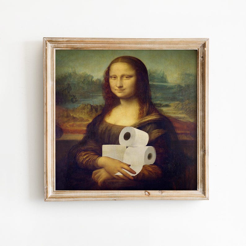 Lustig Mona Lisa Badezimmer Kunstdruck, Toilettenpapier Parodie, Renaissance Humor, quadratische Wanddekoration Bild 1
