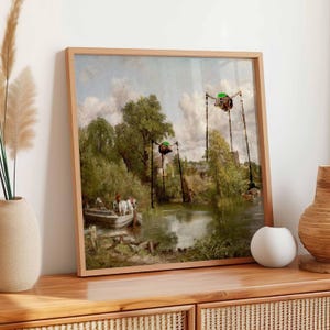 UFO Square Funny Altered Art, Tripods UFO Vintage Art Print, Alien Cottagecore Landscape, Eclectic Wall Art, UFO Wall Art, Alien Art Print